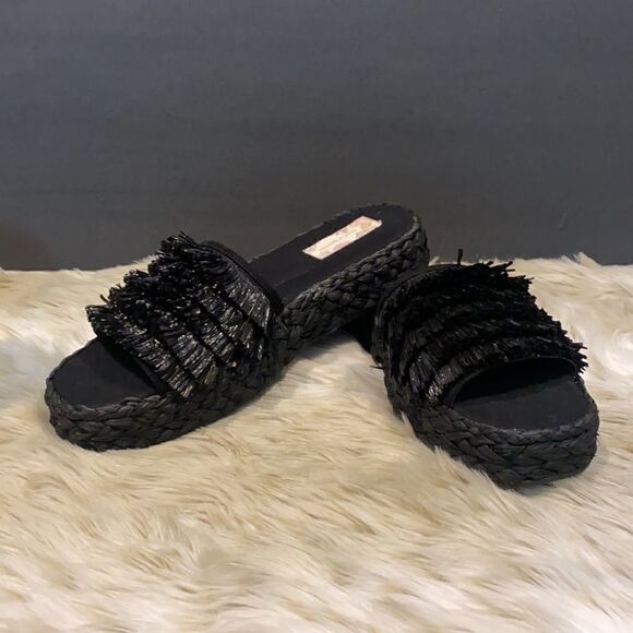 Band Of Gypsies Black Platform Raffia Slides 10 - Picture 7 of 10